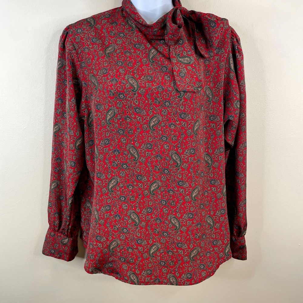 Vintage Cottage English Country Top 10 Bow Neck Silky Paisley 70s Blouse Career
